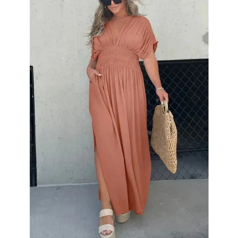 Fashion Bat-sleeved V-neck Slit Summer Dress