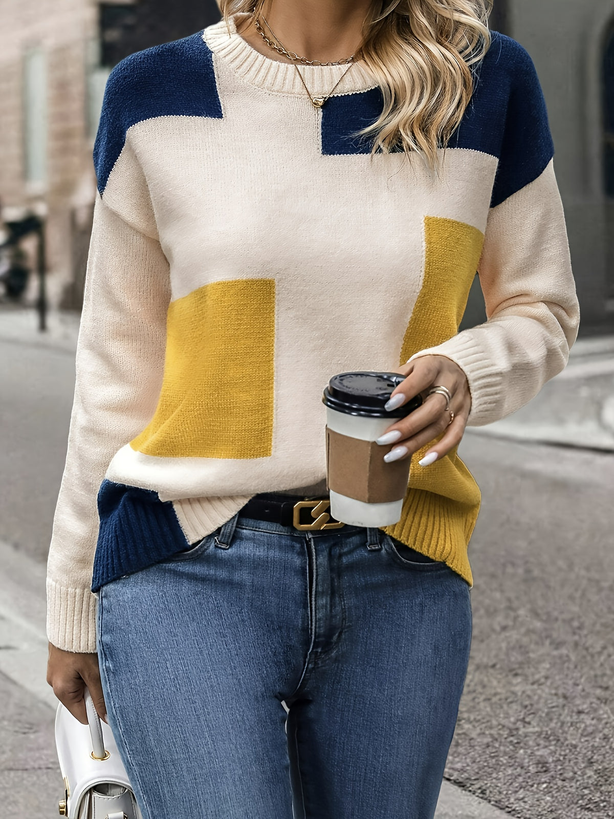Stylish Color Block Crew Neck Pullover top