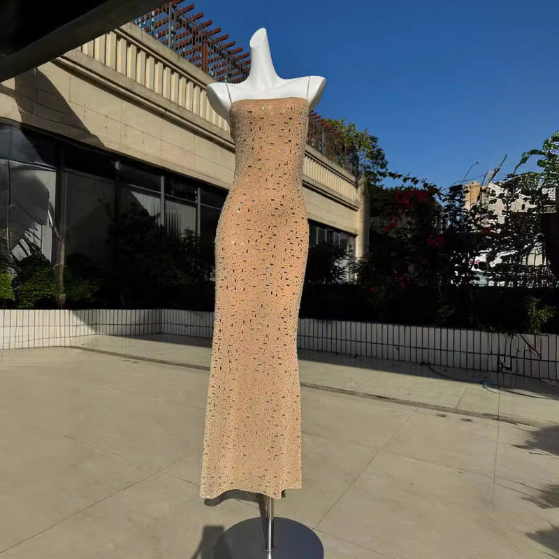 Stylish and Edgy Bodycon Nude Gold and Black Sequin Maxi Dress