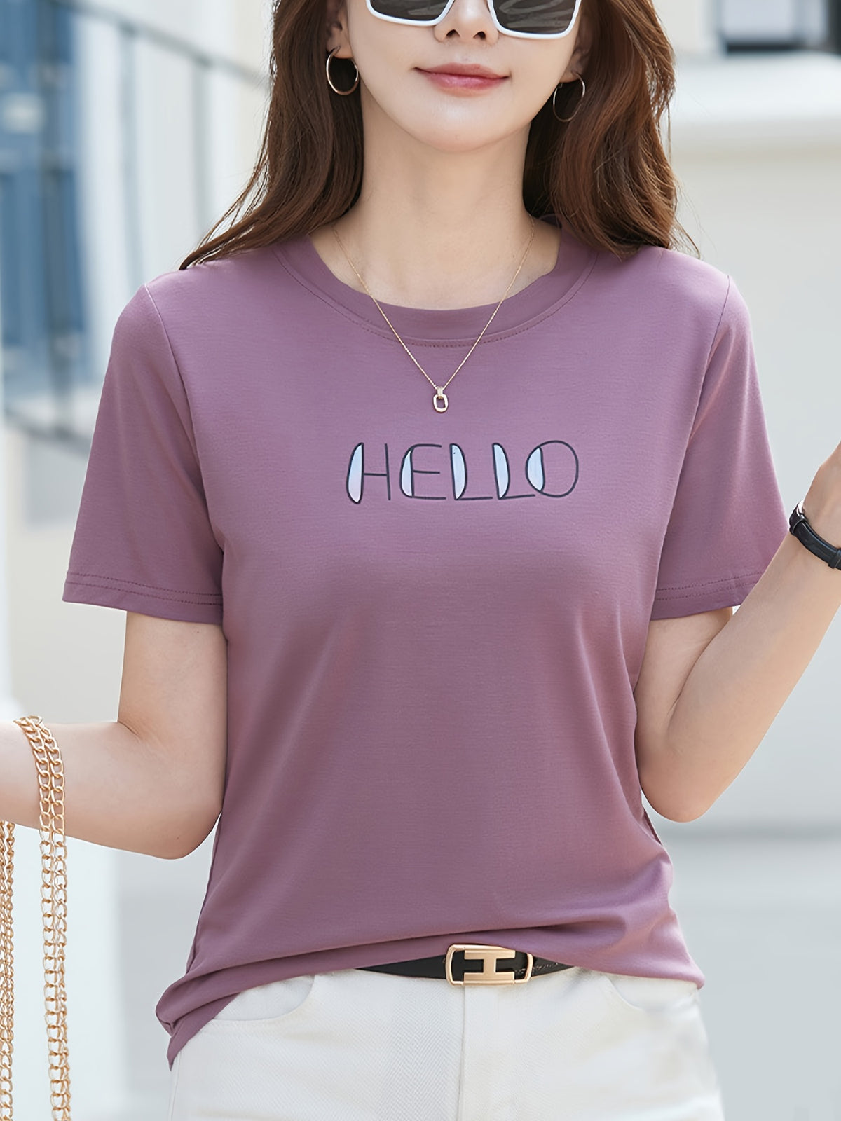 Casual Wear Soft and Lightweight Hello Printed Crew Neck T-Shirt Womens