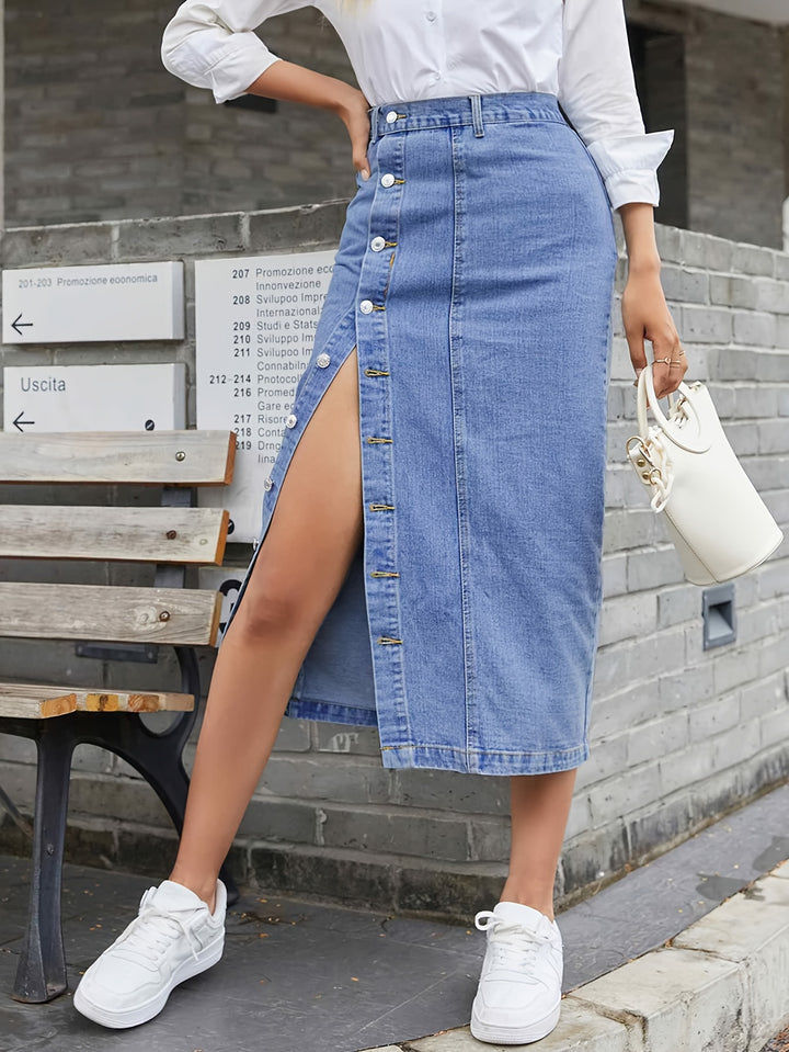 High-Waist Bohemian Denim Skirt with Button Details