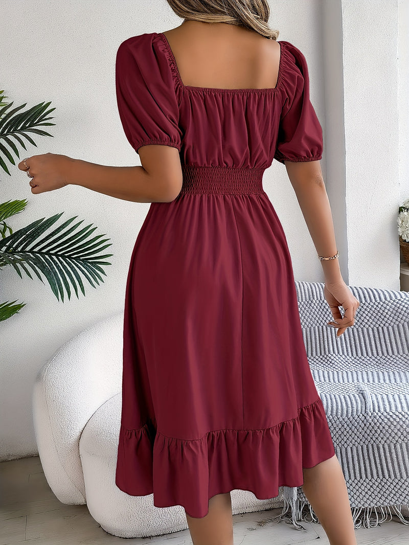 Solid Puff Sleeve Square Neck Dress, Elegant Ruffle Hem Occasion Wear