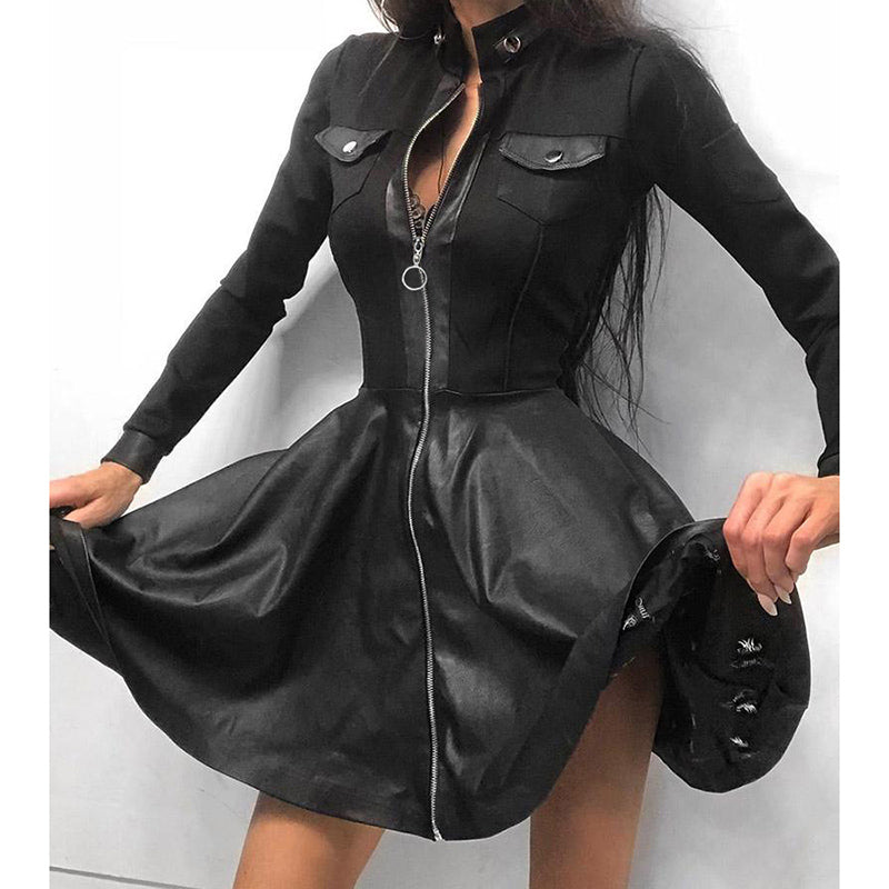 Womens PU Leather Mini Dress Long Sleeve V Neck