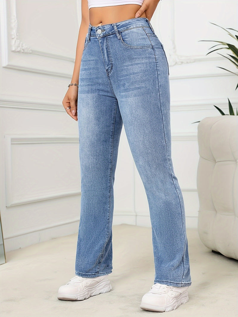 Stretchy High-Waist Slim Fit Straight-Leg Denim Jeans