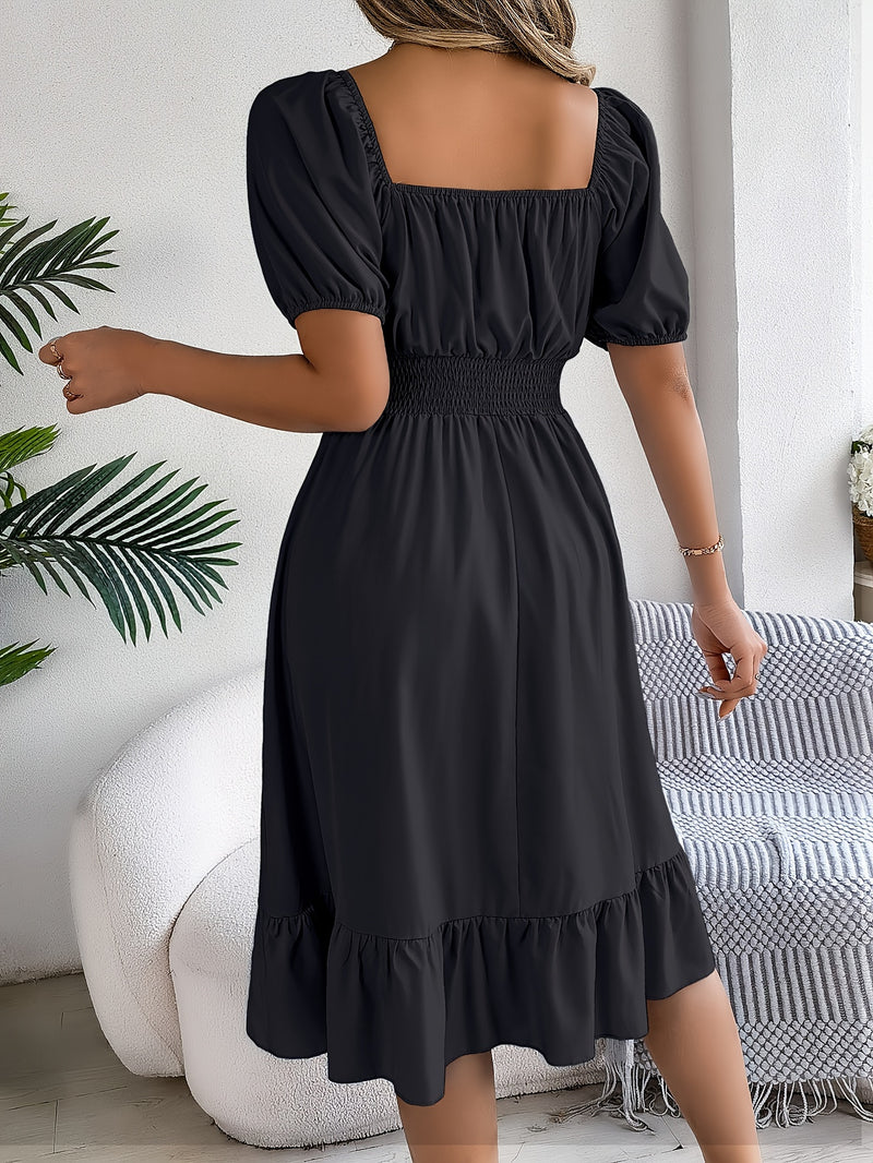 Solid Puff Sleeve Square Neck Dress, Elegant Ruffle Hem Occasion Wear