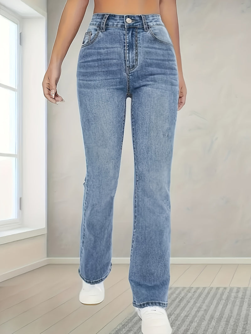 Stretchy High-Waist Slim Fit Straight-Leg Denim Jeans