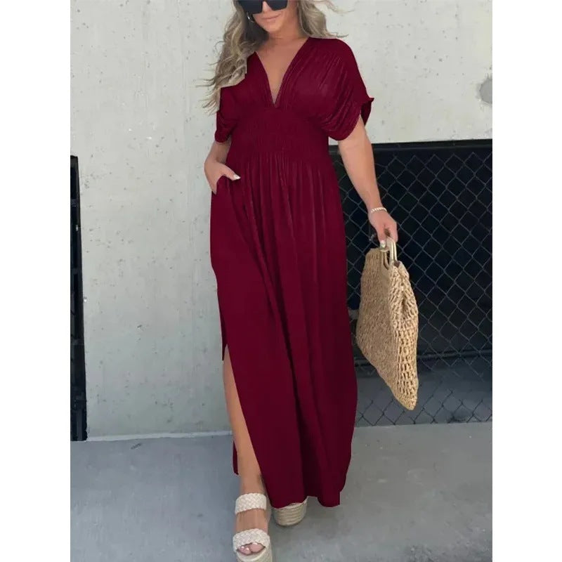 Fashion Bat-sleeved V-neck Slit Summer Dress