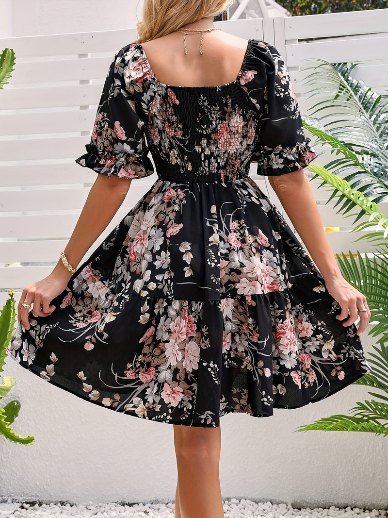 Floral Shirred Waist Square Neck Dress