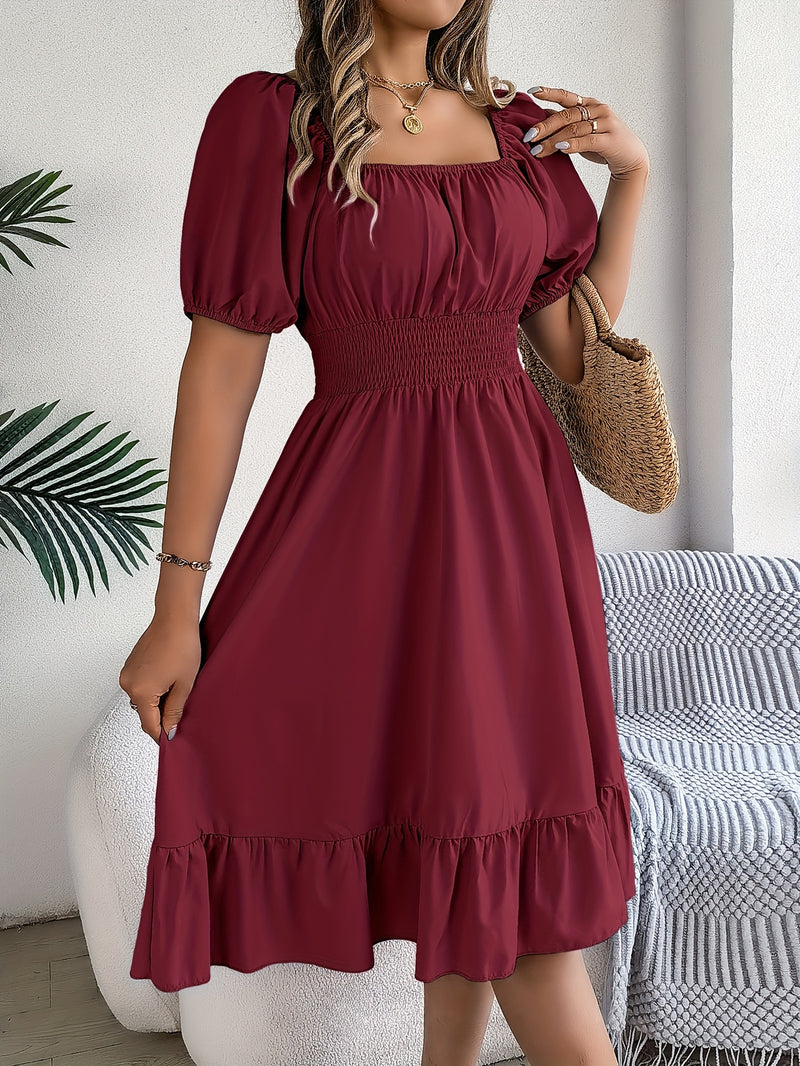 Solid Puff Sleeve Square Neck Dress, Elegant Ruffle Hem Occasion Wear