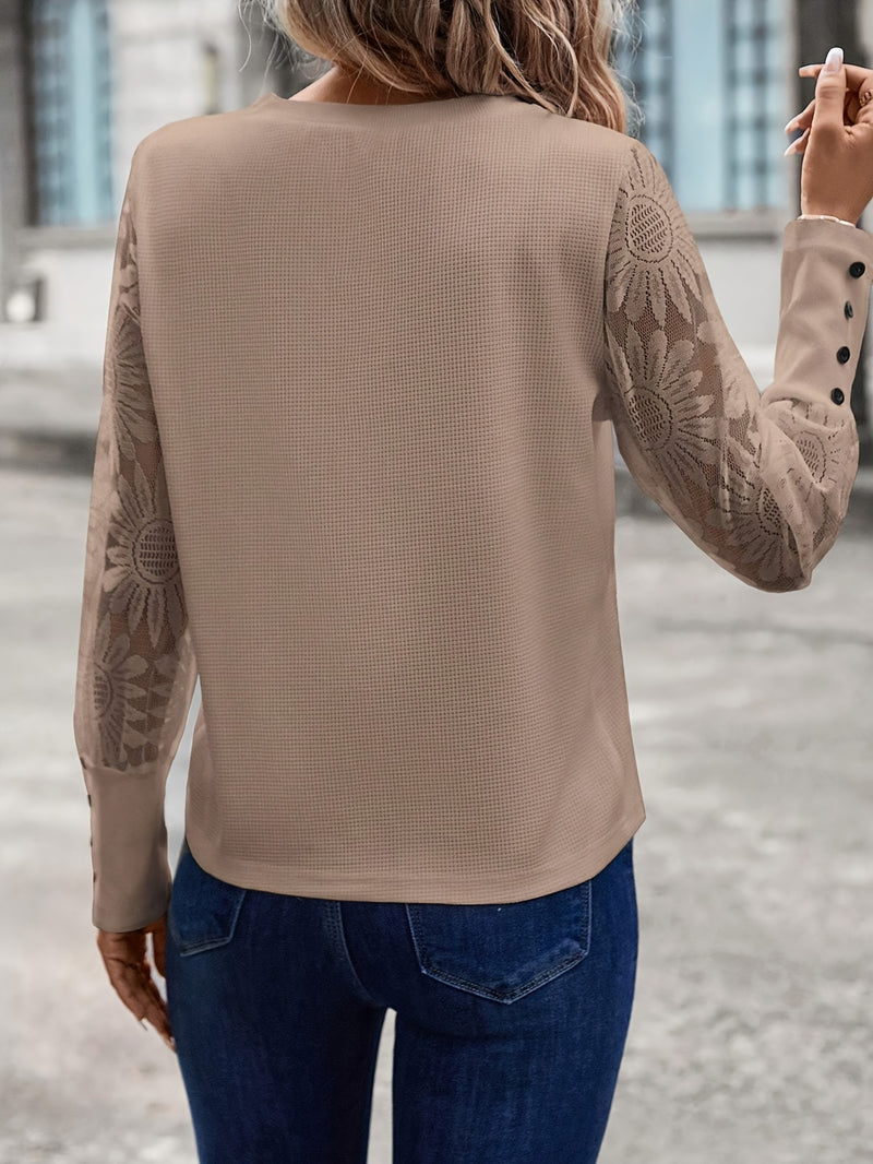 Elegant Floral Lace Crew Neck Long Sleeve Top