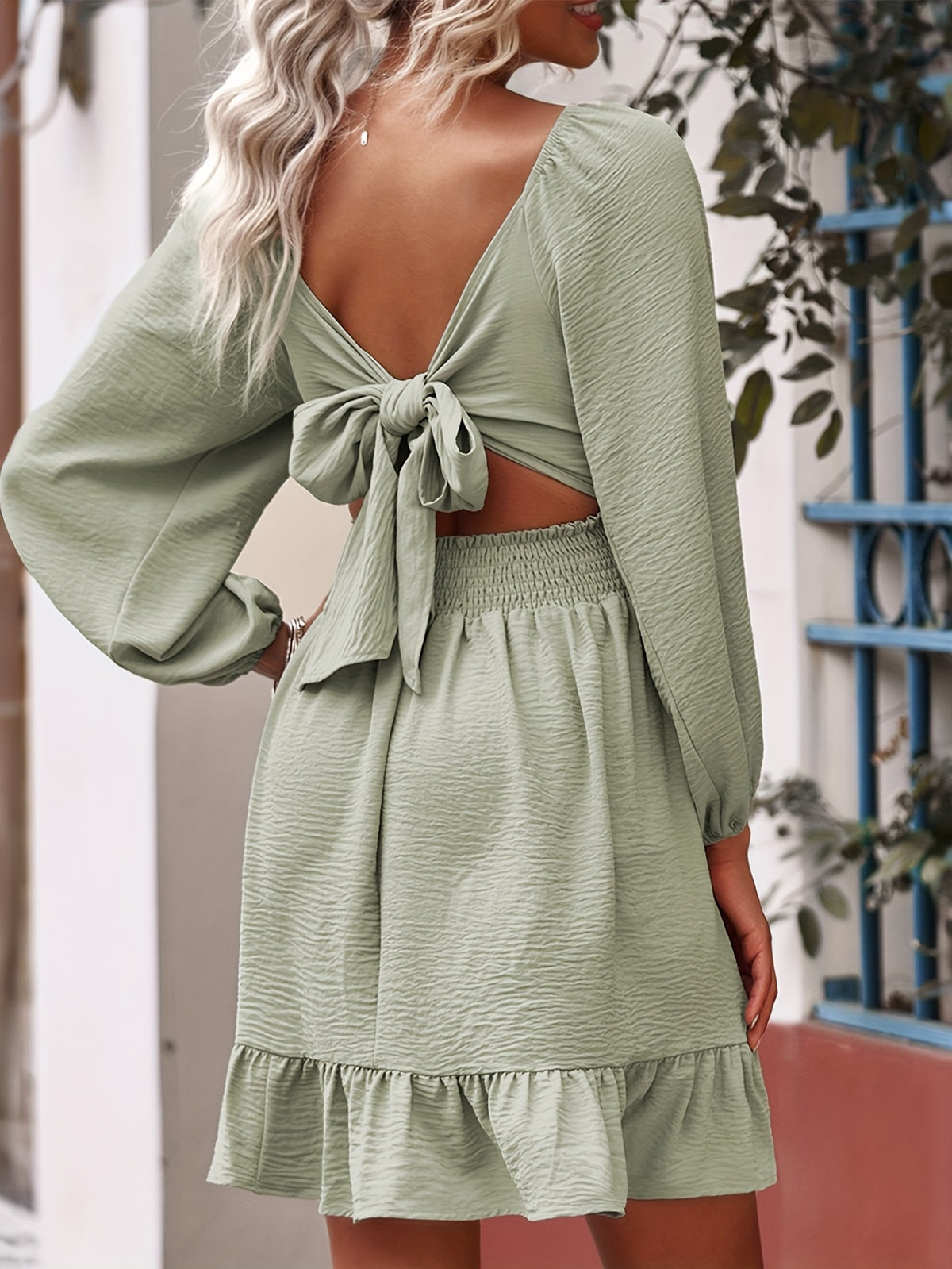 Lantern Sleeve Square Neck Tie Backless Elastic Waist Elegant Ruffle Dress