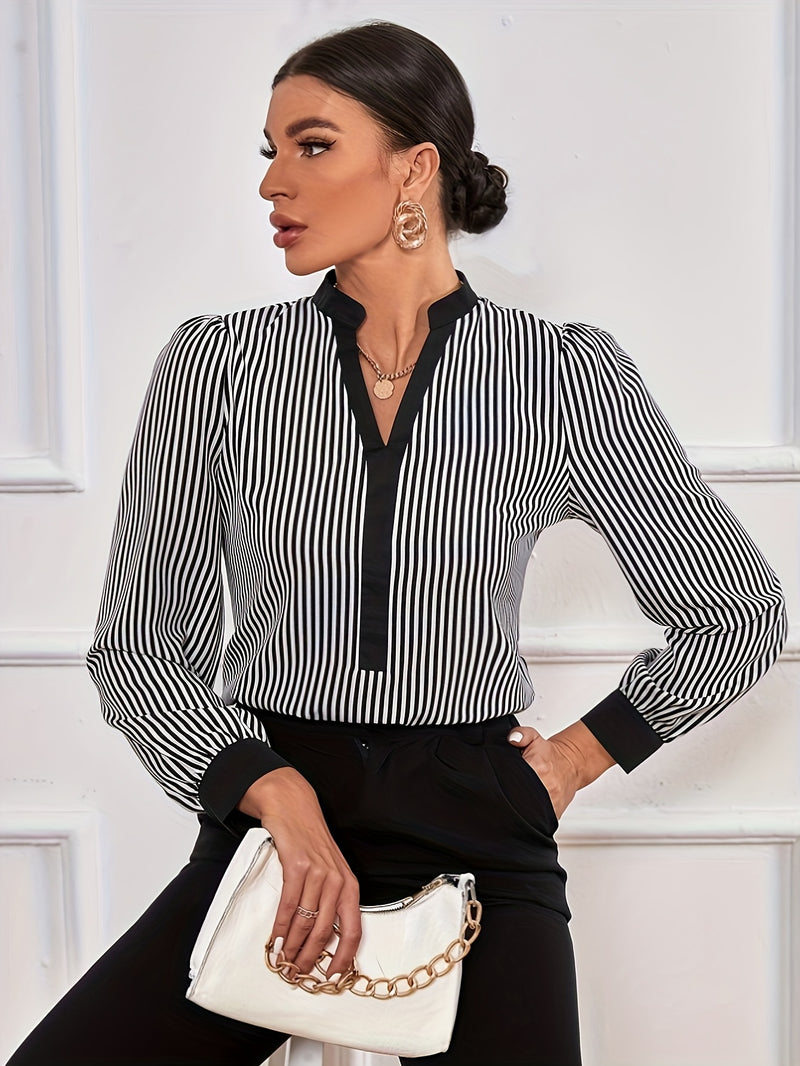 Long Sleeve Notched Neck Chic Striped Print Blouse