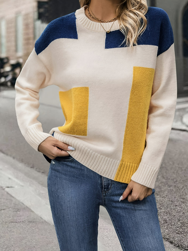 Stylish Color Block Crew Neck Pullover top