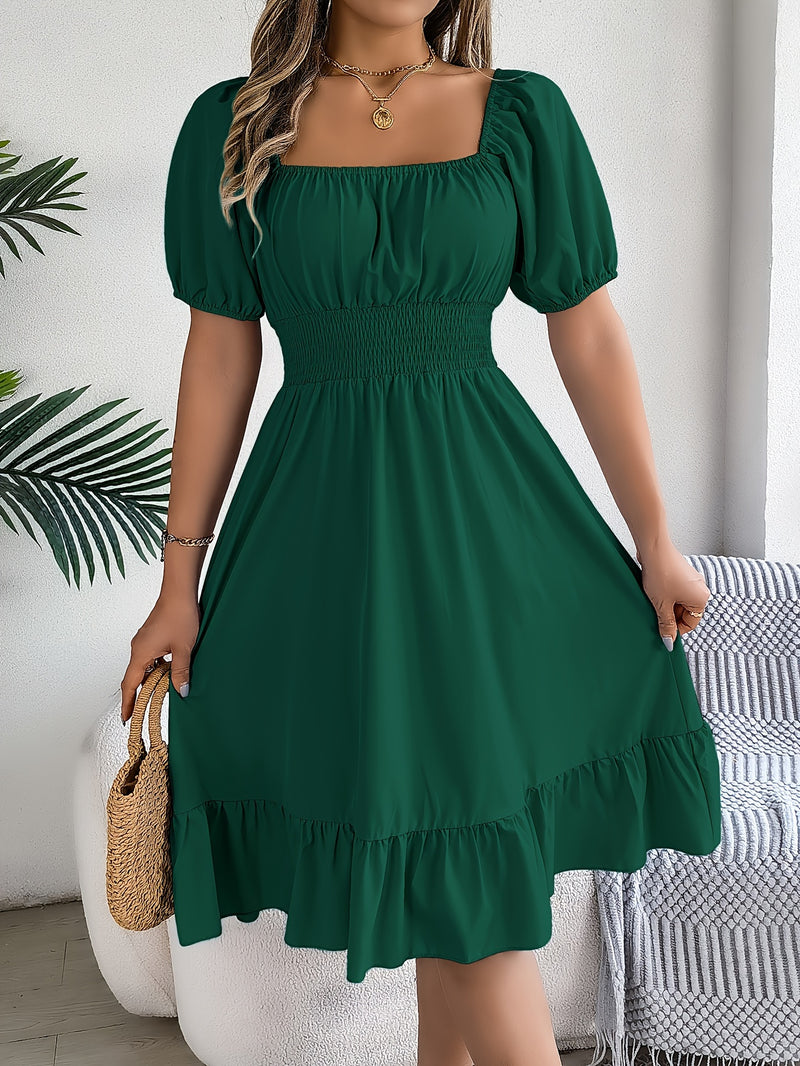 Solid Puff Sleeve Square Neck Dress, Elegant Ruffle Hem Occasion Wear