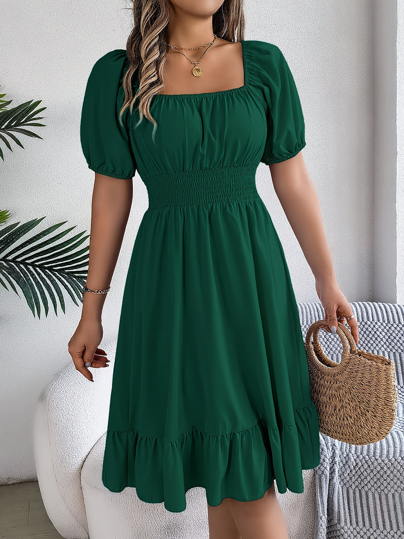 Solid Puff Sleeve Square Neck Dress, Elegant Ruffle Hem Occasion Wear