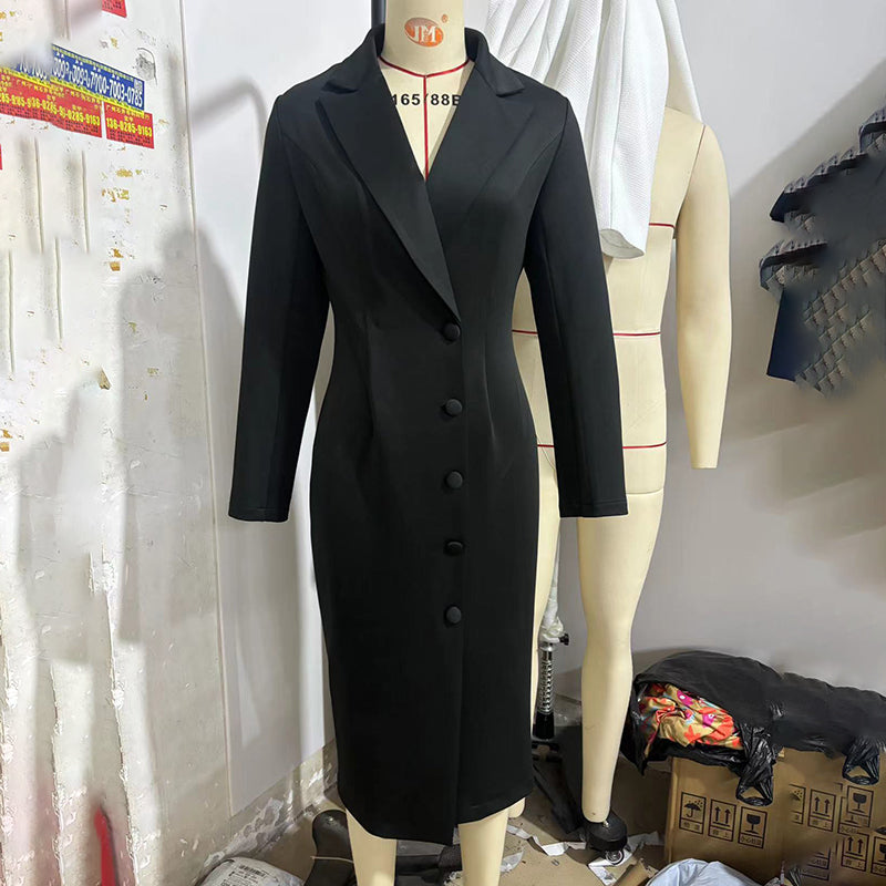 Womens Solid Color V Neck Blazer Midi Dress