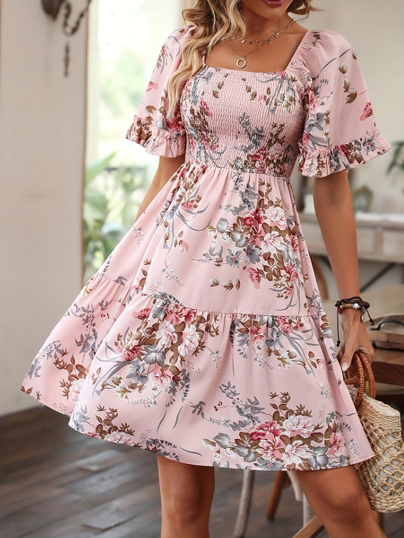 Floral Shirred Waist Square Neck Dress