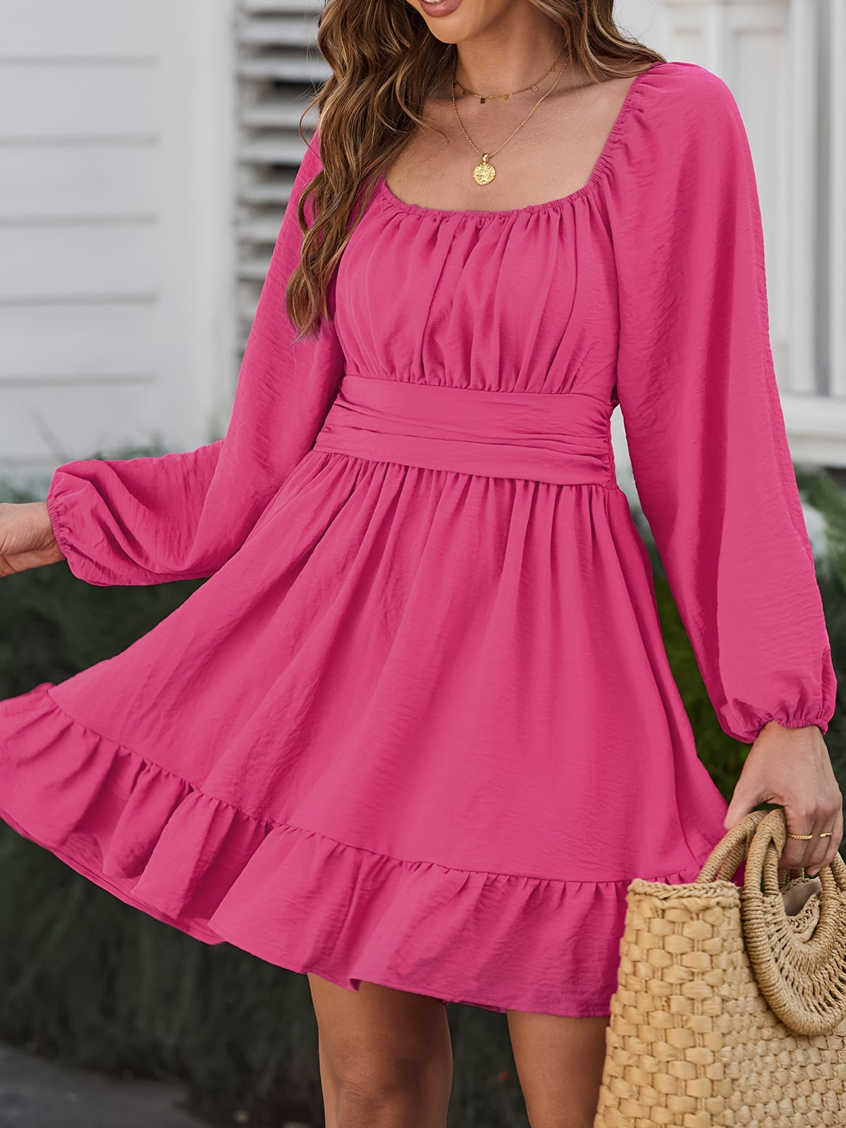Lantern Sleeve Square Neck Tie Backless Elastic Waist Elegant Ruffle Dress