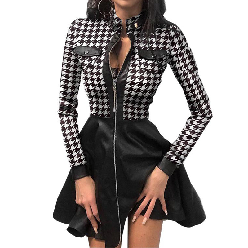 Womens PU Leather Mini Dress Long Sleeve V Neck