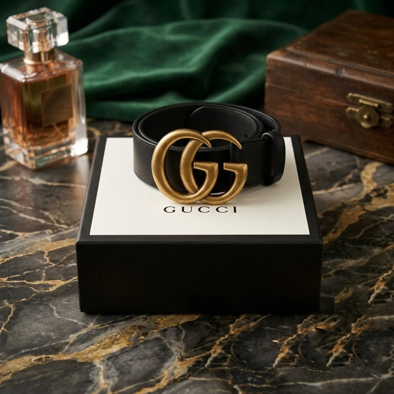 Gucci Marmont Double G Black Leather Belt M/L